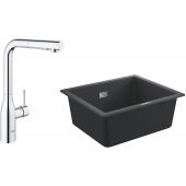 Zestaw Grohe K700 zlewozmywak 53,3x45,7 cm czarny granit z baterią kuchenną Essence chrom (31654AP0, 30270000)