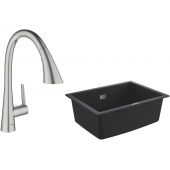 Zestaw Grohe K700 zlewozmywak 61x46 cm czarny granit z baterią kuchenną Zedra stal (31655AP0, 32294DC2)