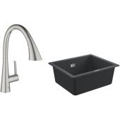 Zestaw Grohe K700 zlewozmywak 53,3x45,7 cm czarny granit z baterią kuchenną Zedra stal (31654AP0, 32294DC2)