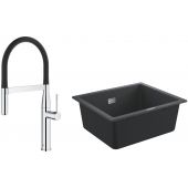 Zestaw Grohe K700 zlewozmywak 53,3x45,7 cm czarny granit z baterią kuchenną Essence chrom/czarny (31654AP0, 30294000)