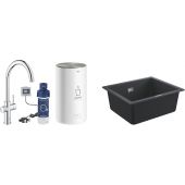 Zestaw Grohe K700 zlewozmywak 53,3x45,7 cm czarny granit z baterią kuchenną z bojlerem M Red Duo chrom (31654AP0, 30083001)