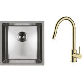 Zestaw Oltens Stalvask zlewozmywak stalowy 44x44 cm z baterią kuchenną Litla stal polerowana/złoty połysk (71100100, 35204800)