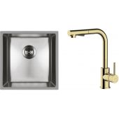 Zestaw Oltens Stalvask zlewozmywak stalowy 44x44 cm z baterią kuchenną Myvat stal polerowana/złoty połysk (71100100, 35205800)