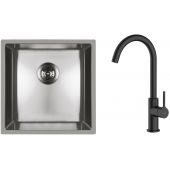 Zestaw Oltens Stalvask zlewozmywak stalowy 44x44 cm z baterią kuchenną Skafta stal polerowana/czarny mat (71100100, 35206300)