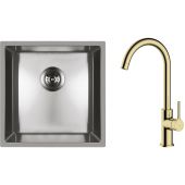 Zestaw Oltens Stalvask zlewozmywak stalowy 44x44 cm z baterią kuchenną Skafta stal polerowana/złoty połysk (71100100, 35206800)