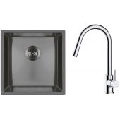 Zestaw Oltens Stalvask zlewozmywak stalowy 44x44 cm z baterią kuchenną Litla czarny/chrom (71100300, 35204100)