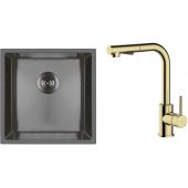 Zestaw Oltens Stalvask zlewozmywak stalowy 44x44 cm z baterią kuchenną Myvat czarny/złoty połysk (71100300, 35205800)