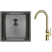 Zestaw Oltens Stalvask zlewozmywak stalowy 44x44 cm z baterią kuchenną Skafta czarny/złoty połysk (71100300, 35206800)