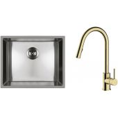 Zestaw Oltens Stalvask zlewozmywak stalowy 54x44 cm z baterią kuchenną Litla stal polerowana/złoty połysk (71101100, 35204800)