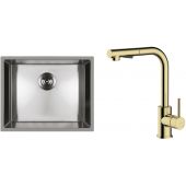 Zestaw Oltens Stalvask zlewozmywak stalowy 54x44 cm z baterią kuchenną Myvat stal polerowana/złoty połysk (71101100, 35205800)