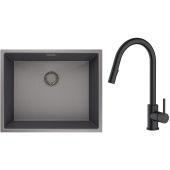 Zestaw Oltens Stalvask zlewozmywak stalowy 54x44 cm z baterią kuchenną Litla czarny/czarny mat (71101300, 35204300)