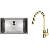 Zestaw Oltens Stalvask zlewozmywak stalowy 76x44 cm z baterią kuchenną Litla stal polerowana/złoty połysk (71102100, 35204800)