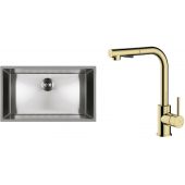 Zestaw Oltens Stalvask zlewozmywak stalowy 76x44 cm z baterią kuchenną Myvat stal polerowana/złoty połysk (71102100, 35205800)