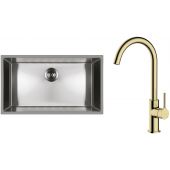 Zestaw Oltens Stalvask zlewozmywak stalowy 76x44 cm z baterią kuchenną Skafta stal polerowana/złoty połysk (71102100, 35206800)