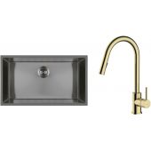 Zestaw Oltens Stalvask zlewozmywak stalowy 76x44 cm z baterią kuchenną Litla czarny/złoty połysk (71102300, 35204800)