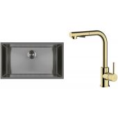 Zestaw Oltens Stalvask zlewozmywak stalowy 76x44 cm z baterią kuchenną Myvat czarny/złoty połysk (71102300, 35205800)