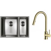 Zestaw Oltens Stalvask zlewozmywak stalowy 58x44 cm z baterią kuchenną Litla stal polerowana/złoty połysk (71200100, 35204800)