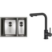 Zestaw Oltens Stalvask zlewozmywak stalowy 58x44 cm z baterią kuchenną Myvat stal polerowana/czarny mat (71200100, 35205300)