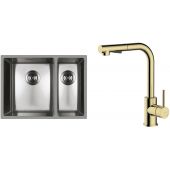 Zestaw Oltens Stalvask zlewozmywak stalowy 58x44 cm z baterią kuchenną Myvat stal polerowana/złoty połysk (71200100, 35205800)