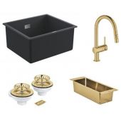 Zestaw Grohe K700 zlewozmywak granitowy czarny z baterią kuchenną Minta, zestawem odpływowym i wkładką ociekową Cool Sunrise (31653AP0, 32321GN2, 40997GN0, 40852GN0)