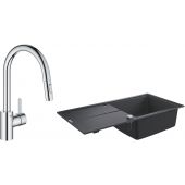 Zestaw Grohe K400 zlewozmywak 100x50 cm czarny granit z baterią kuchenną Eurosmart Cosmopolitan (31641AP0, 31481001)