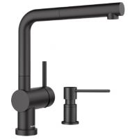 Zestaw Blanco Linus-S-F bateria kuchenna stojąca czarna z dozownikiem do płynu Blanco Lato czarny mat (527523, 525789)