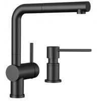 Zestaw Blanco Linus-S bateria kuchenna stojąca czarna z dozownikiem na płyn czarny mat (525807, 525789)