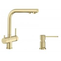 Zestaw Blanco Fontas II bateria kuchenna stojąca z podłączeniem do filtra wody z dozownikiem płynu 300 ml złoty satynowy (526692, 526699)