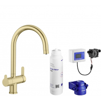Zestaw Blanco Trima bateria kuchenna stojąca złota satynowa z zestawem filtrującym wodę (526695, 527453)