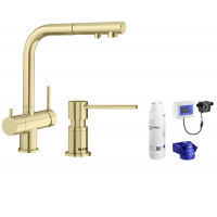 Zestaw Blanco Fontas II bateria kuchenna stojąca dozownik do płynu 300 ml blatowy złoty satynowy z zestawem filtrującym wodę (526694, 526699,527453)
