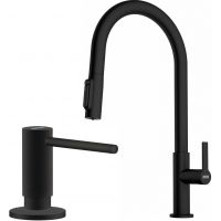 Zestaw Franke Maris Slim Clear Water J Pull-Out bateria kuchenna stojąca z dozownikiem do płynów 300 ml czarny mat (1200730911, 1190547906)