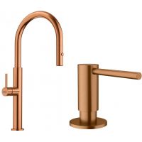 Zestaw Franke Pescara J pull-out spray bateria kuchenna stojąca z dozownikiem do płynów 350 ml miedziany (115.0741.698, 112.0717.104)