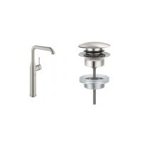 Zestaw Grohe Essence New bateria umywalkowa stojąca wysoka z korkiem stal nierdzewna (32901DC1, 65807DC0)