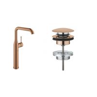 Zestaw Grohe Essence New bateria umywalkowa stojąca wysoka z korkiem Brushed Warm Sunset (32901DL1, 65807DL0)
