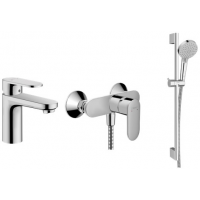 Zestaw Hansgrohe Vernis Blend bateria umywalkowa stojąca z baterią prysznicowa ścienną i zestawem natryskowym chrom (71580000, 71640000, 26279000)