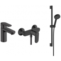 Zestaw Hansgrohe Vernis Blend bateria umywalkowa i prysznicowa z kompletem natryskowym czarny mat (71580670, 71640670, 28044670)