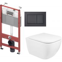 Zestaw Oltens Vernal miska WC wisząca z deską wolnoopadającą i stelaż podtynkowy Tece Base z przyciskiem Now biały/czarny mat (9400407, 42002000, 45104000, 9240407)