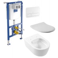 Zestaw Villeroy & Boch Avento miska WC wisząca bez kołnierza z deską wolnoopadającą i stelażem podtynkowym z przyciskiem biały  (5656R001, 9M87S101, 92246100, 92249068)