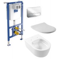 Zestaw Villeroy & Boch Avento miska WC wisząca bez kołnierza z deską wolnoopadającą i stelażem podtynkowym z przyciskiem biały/ chrom (5656R001, 9M87S101, 92246100, 92249061)