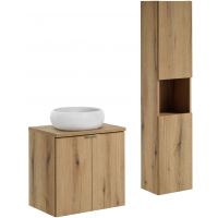 Zestaw Comad Nova Oak szafka z blatem 60 cm wisząca dąb i umywalka Wiki 36x36 cm biała z szafką boczną wysoką SET-NOA B OAK 60CM D UN WIKI SW HC