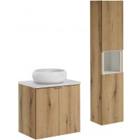 Zestaw Comad Nova Oak/White szafka z blatem 60 cm i umywalka Wiki 36x36 cm biała z szafką boczną wysoką dąb/biały SET-NOA B WHITE 60CM D UN WIKI SW HC