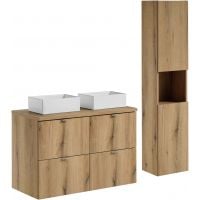 Zestaw Comad Nova Oak szafki 50 cm i 50 cm z blatem meblowym 100 cm dąb, dwie umywalki Gaja 35x22 cm białe i szafka boczna wysoka SET-NOA B OAK 100CM S UN GAJA SW HC