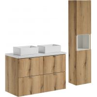 Zestaw Comad Nova Oak szafka podumywalkowa 100 cm dąb z blatem białym, umywalkami i szafką wysoką SET-NOA B WHITE 100CM S UN GAJA SW HC
