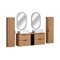 Zestaw Comad Adel Oak dwie szafki 60 cm podumywalkowe wiszące z blatem 120 cm, umywalki Magic 2 i dwie szafki boczne wysokie z lustrami dąb/czarny/biały SET-ADO B NAT WOTAN 140CM UN MAGIC HC