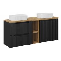 Zestaw Comad Nova Black/Oak szafki 60 cm, 60 cm i 20 cm z blatem meblowym 140 cm czarny/dąb i dwie umywalki Beyond 48x32,5 cm białe SET-NOB B OAK 140CM UN BEYOND WH LR