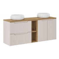 Zestaw Comad Nova Cashmere szafki 60 cm, 60 cm i 20 cm z blatem meblowym 140 cm kaszmir/dąb i dwie umywalki Wiki 36x36 cm białe SET-NOC B OAK 140CM UN WIKI WH LR