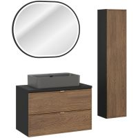 Zestaw Comad Talia Casella umywalka nablatowa Trust z szafką podumywalkową 80 cm, lustrem i szafka boczna wysoka dąb-czarny SET-TC B BLACK 80CM UN TRUST DG HC