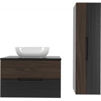 Zestaw Megstyl Avella szafka 80x45,8x50 cm podumywalkowa wisząca czarna-orzech z blatem umywalka biała i szafka 34,5x31,8x130 cm boczna wisząca czarna-orzech (2425, 3192, 2040, 2586)