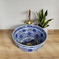 Rea Bella umywalka 41,5x41,5 cm okrągła nablatowa biała-niebieska REA-U7503