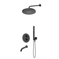 Zestaw Oltens Katla bateria podtynkowa termostatyczna z wylewką wannową Molle z deszczownicą 25 cm Pluva i słuchawką prysznicową Ume czarny mat 36641300